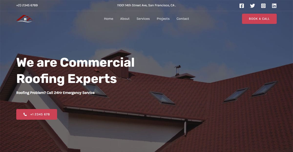Experts en toiture commerciale : toit rouge avec lucarnes et ciel bleu. Textes "We are Commercial Roofing Experts" et appel urgence 24h.