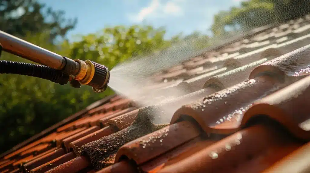 travail de nettoyage sur une toiture inclinée en tuiles, illustrant les mesures de sécurité pour un entretien efficace