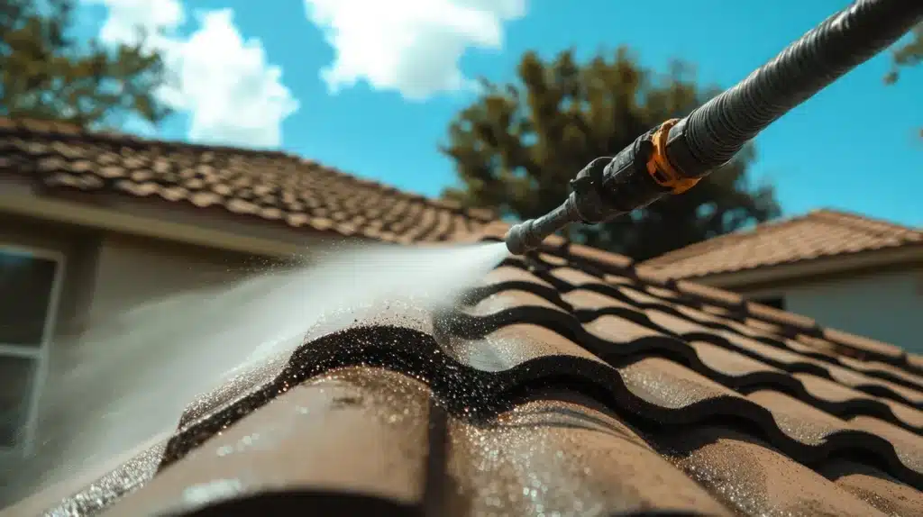 jet d'eau pulvérisé pour un nettoyage ciblé des tuiles, éliminant les débris et les dépôts organiques 