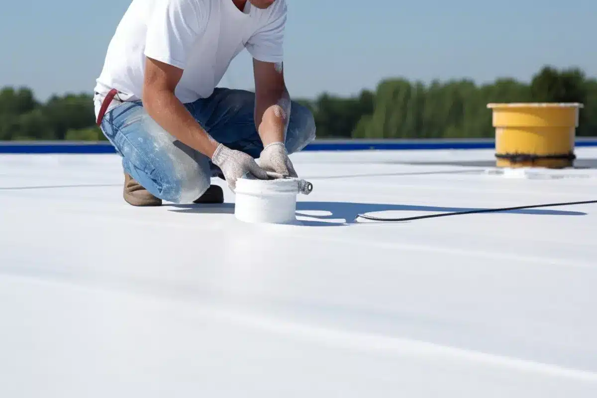 Application de peinture blanche sur un toit plat pour renforcer l'étanchéité et la protection contre les intempéries.