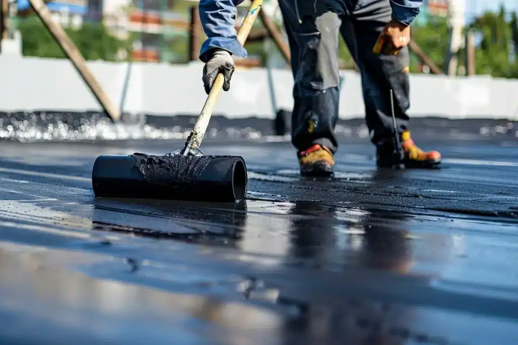 peinture-toiture-rouleau Travail de peinture toiture en cours avec un rouleau, garantissant une couverture uniforme.