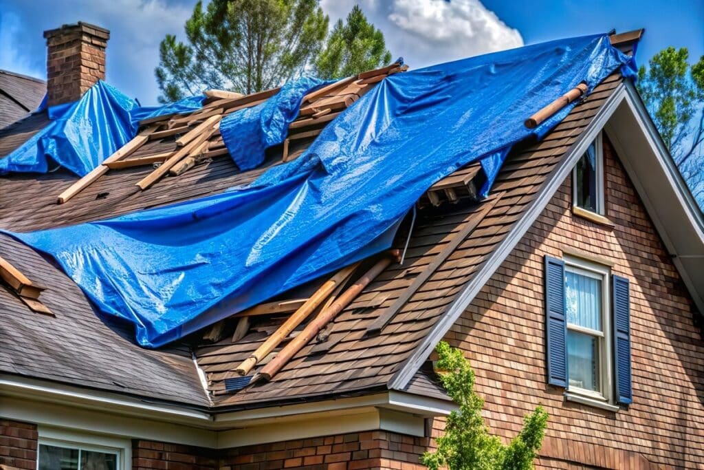 bâche de protection installée sur une toiture endommagée pour prévenir les infiltrations en attente de réparations urgentes
