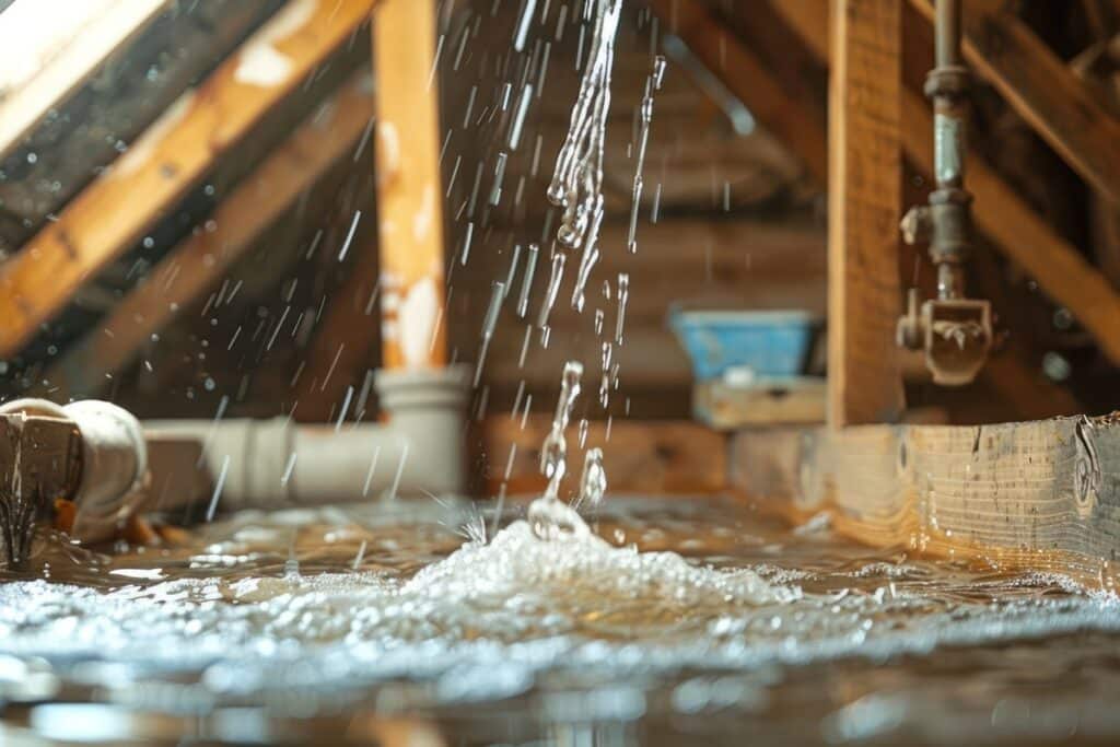 fuite d'eau importante à l'intérieur d'un grenier, illustrant un besoin de réparation urgente de toiture