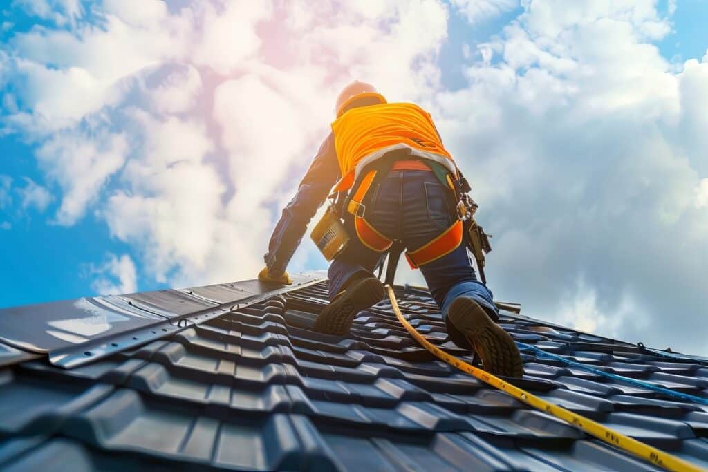 Work at altitudes. A roofer ascending to the summit of the roof while wearing a save harness and tool belt. travailleur en intervention sur une toiture métallique avec équipements de sécurité, réalisant des travaux d'urgence